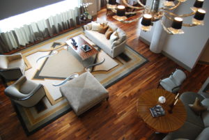 Aerial view of a penthouse living room interior design