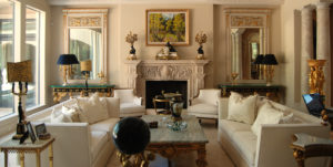 Elegant living room interior design with gold accents