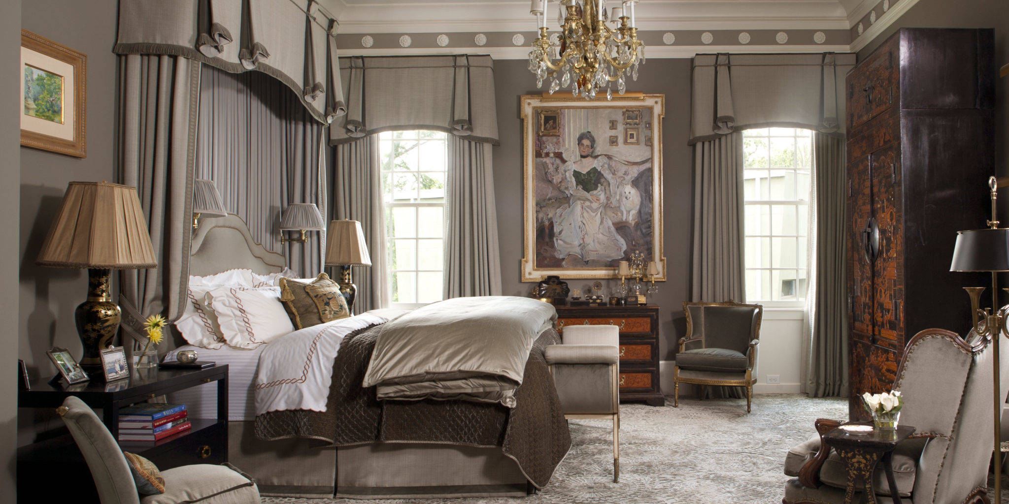Elegant gray and gold bedroom interior design