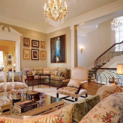 Elegant living room interior design with crystal chandelier