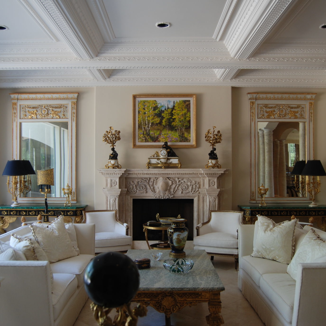 Elegant gold and white living room interior design