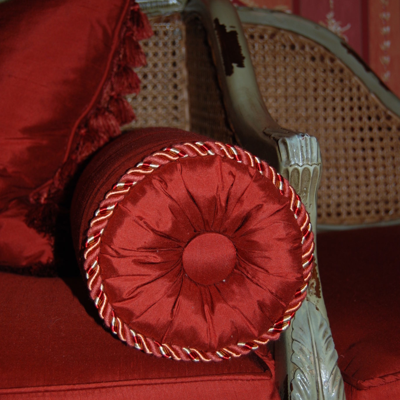 Red silk sofa pillows