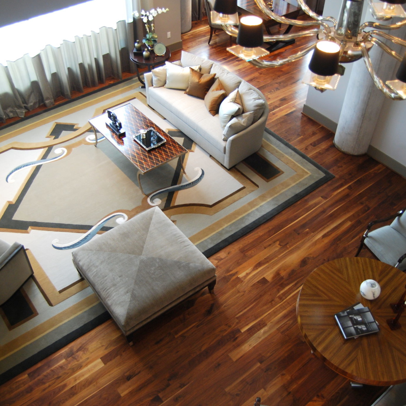 Aerial view of a living room interior design