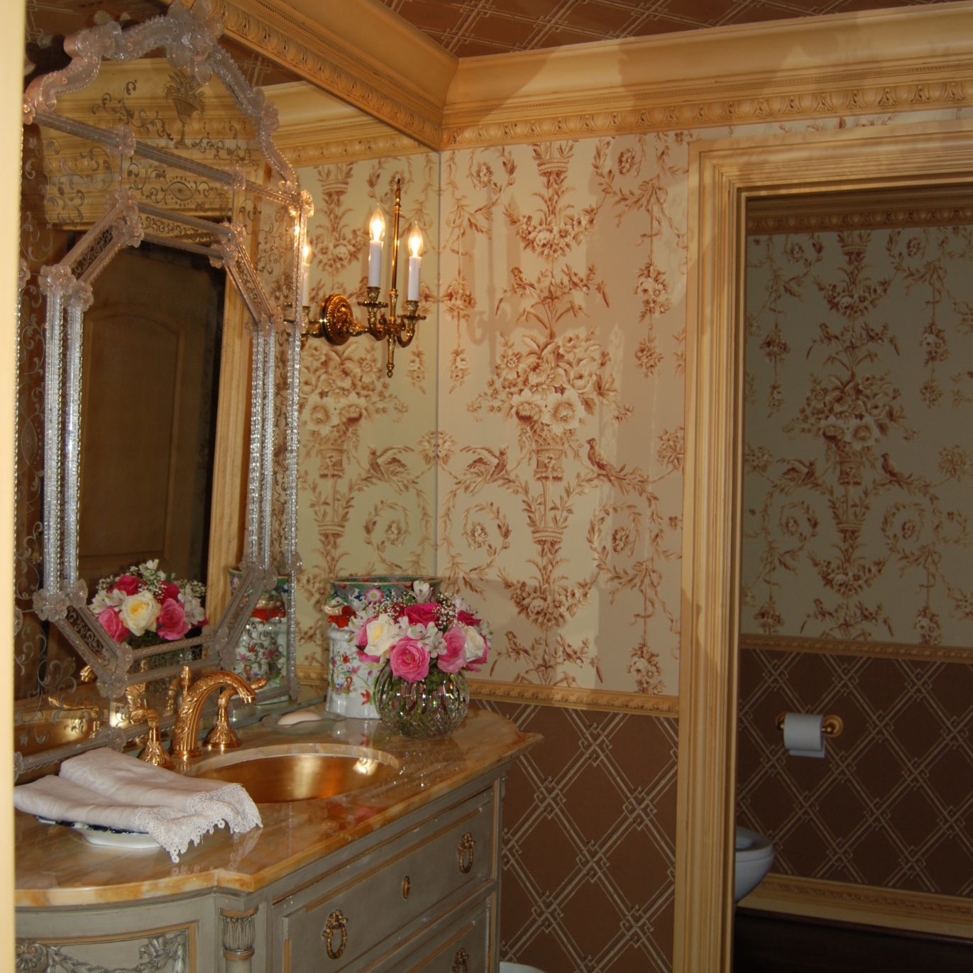 Elegant bathroom interior design with beige and golds