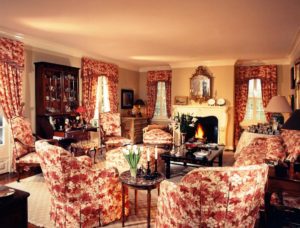 Red and white floral living room interior design