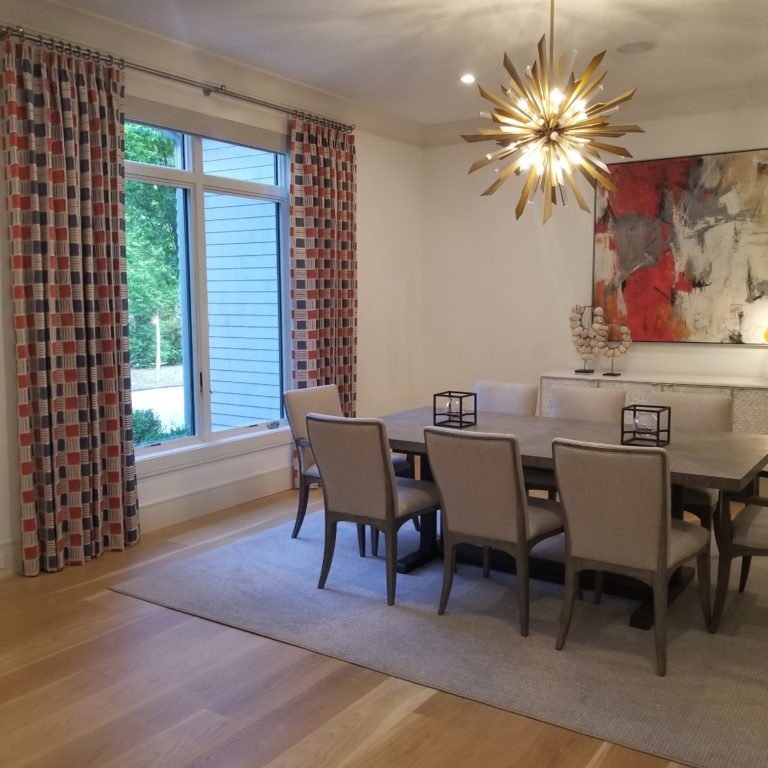 Modern dining room interior design with decorative chandelier