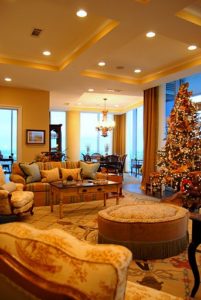Living room interior design with decorated Christmas tree
