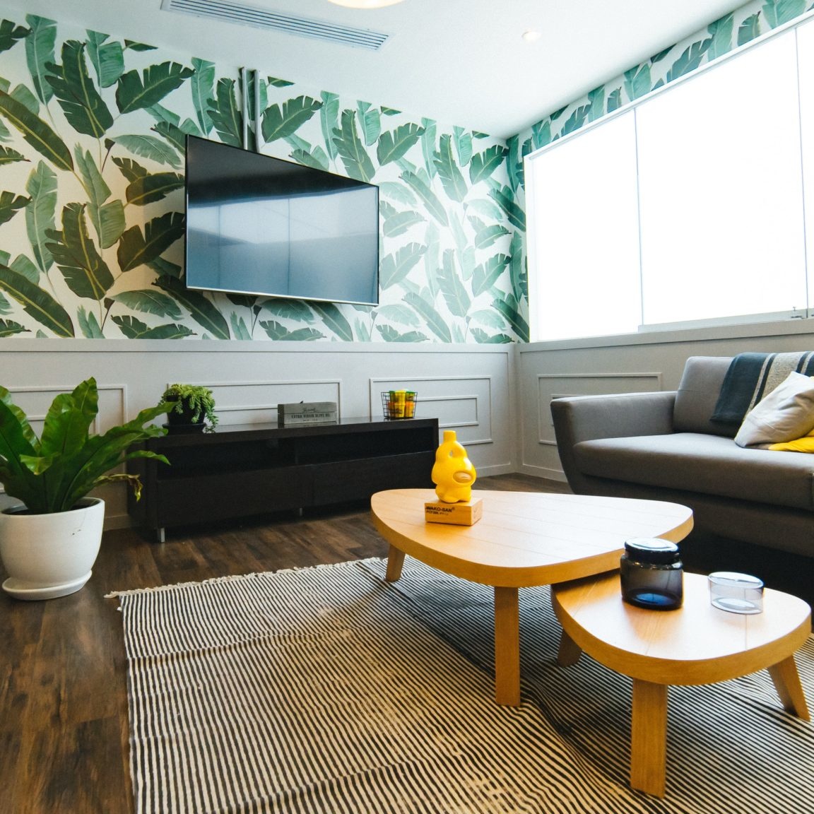 Living room interior design with decorative wallpaper