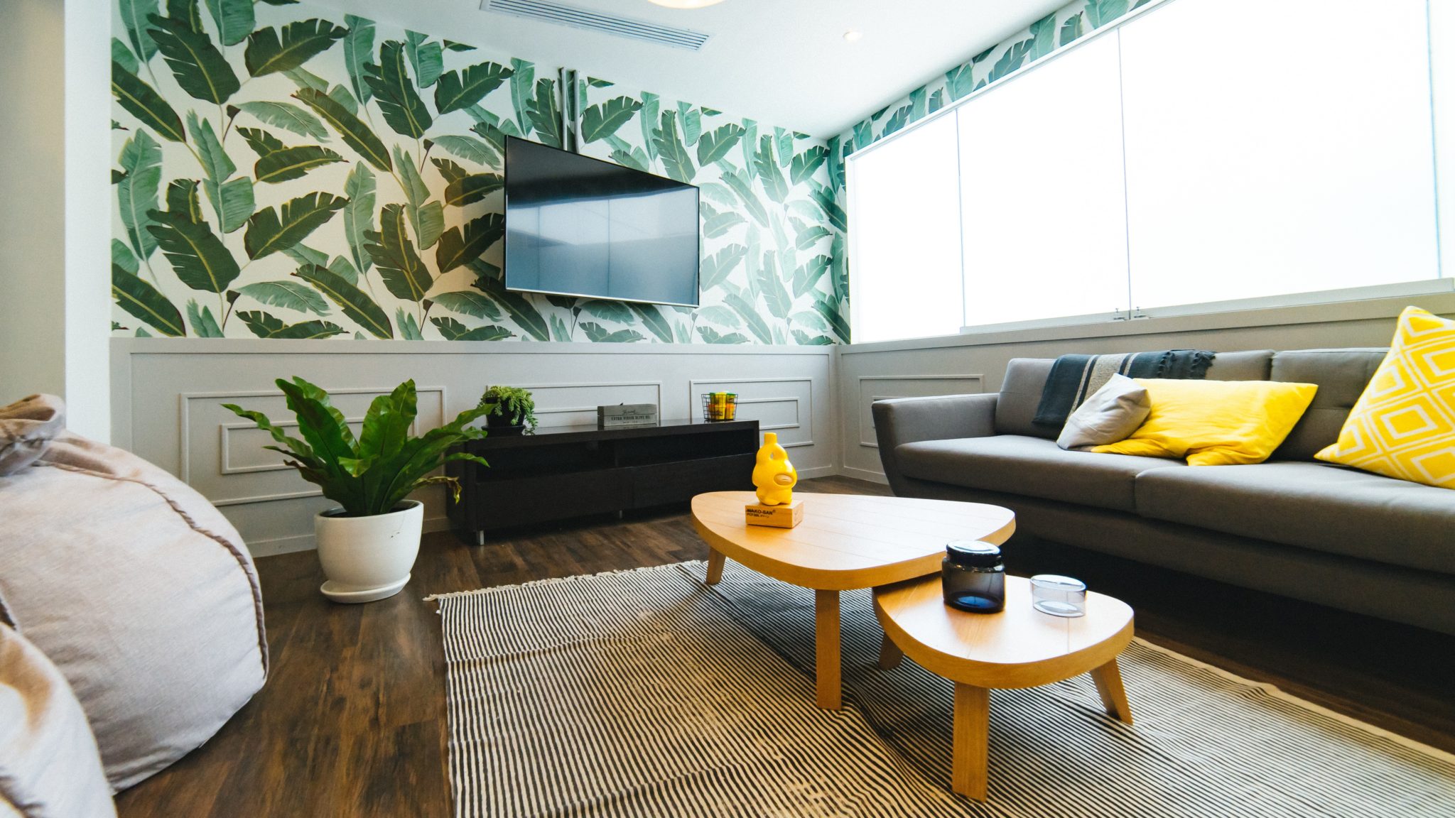 Living room interior design with decorative wallpaper